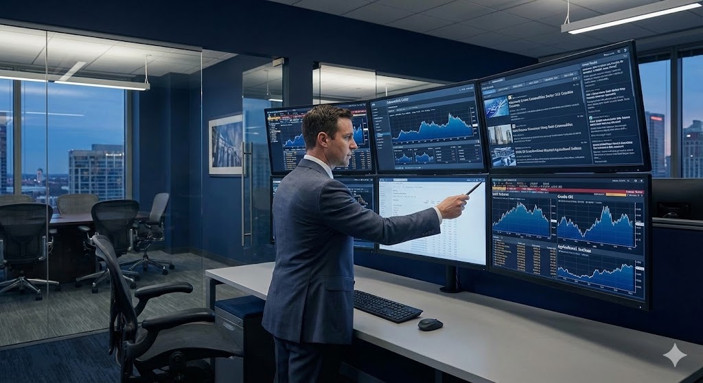 Inversor profesional analizando gráficos financieros en múltiples pantallas, mostrando datos del sector de materias primas, con ambiente de oficina moderna corporativa en tonos azules oscuros