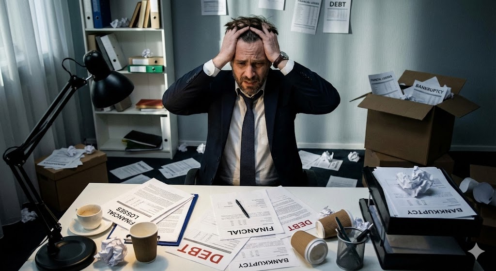 Empresario preocupado frente a documentos financieros desordenados y reportes de pérdidas, oficina con papeles dispersos, atmósfera de estrés financiero con iluminación dramática